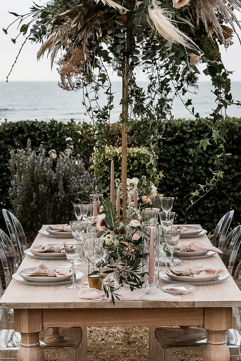 Table Tablescape Flowers Candles Decor Ghost Chairs Suspended Flowers Greenery Hanging Marbella Elopement Wedding Nora Photography