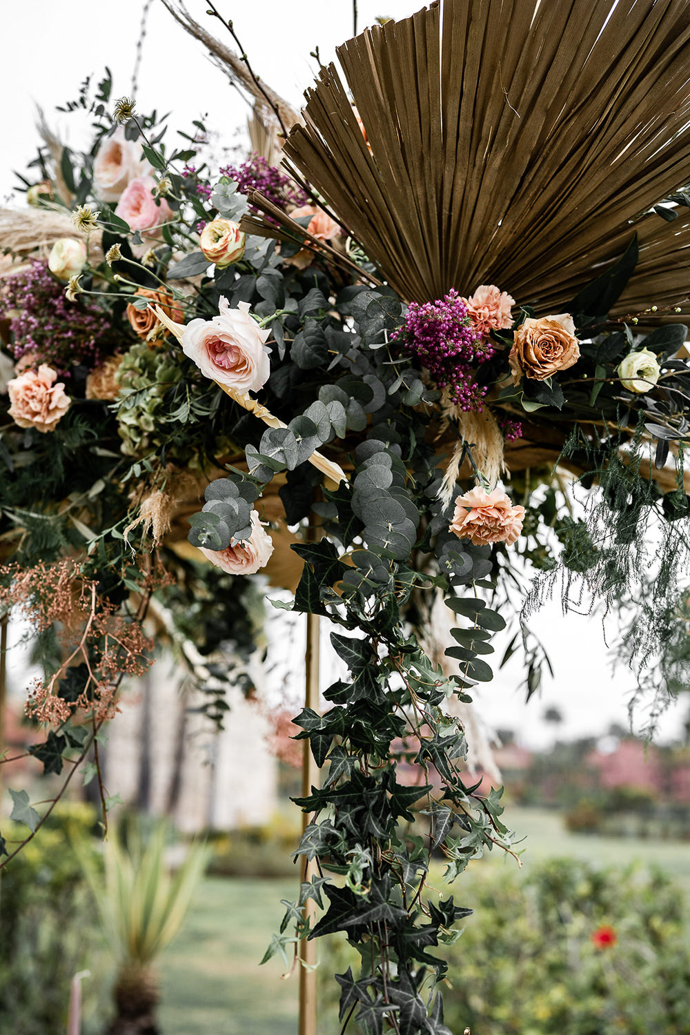 Flowers Dried Palm Leaves Greenery Foliage Orange Rose Pampas Grass Marbella Elopement Wedding Nora Photography