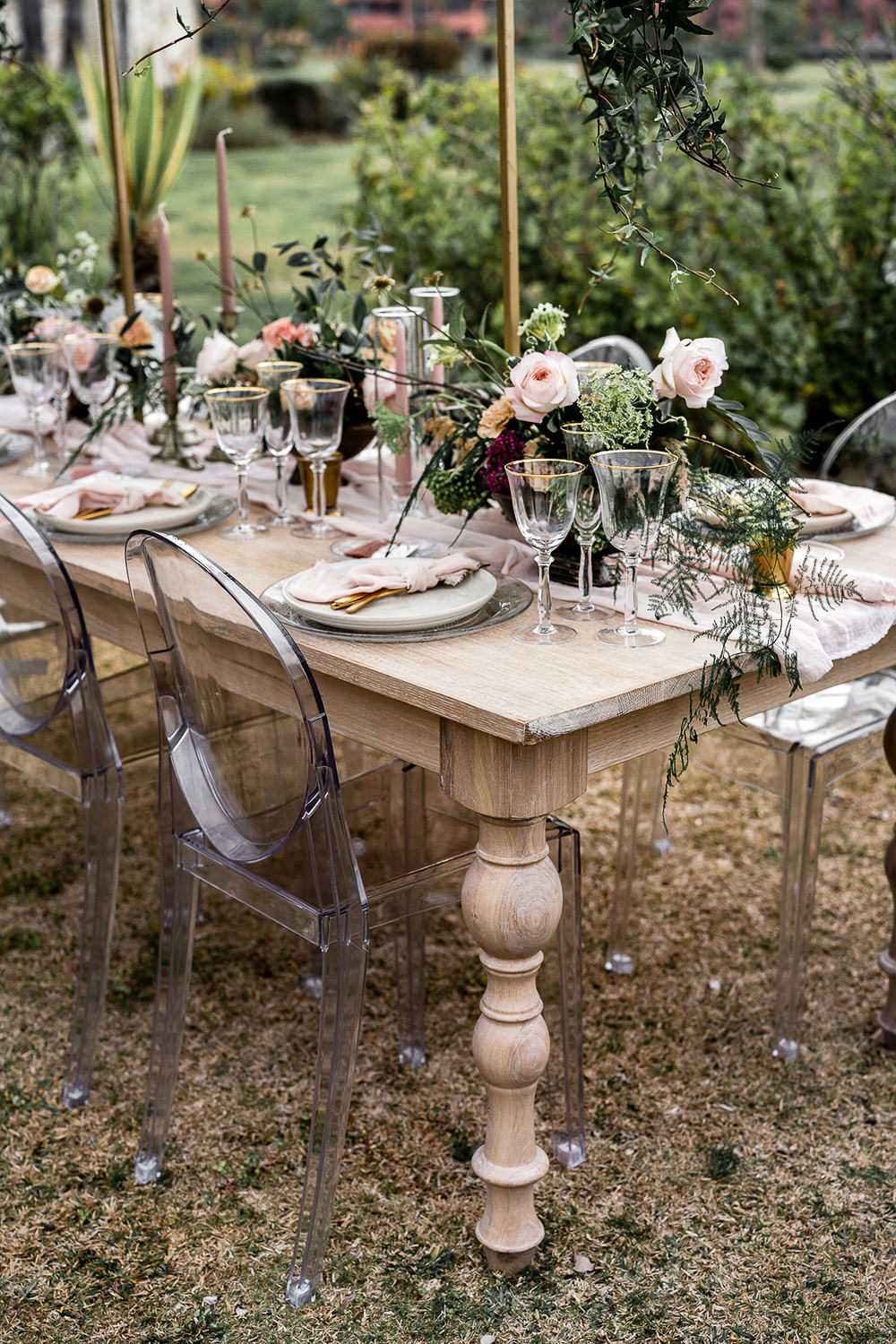 Table Tablescape Flowers Candles Decor Ghost Chairs Suspended Flowers Greenery Hanging Marbella Elopement Wedding Nora Photography