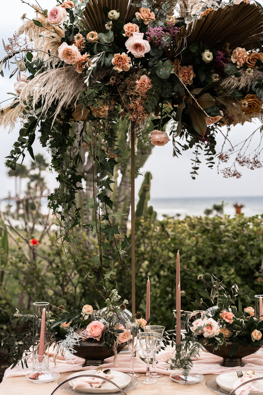 Flowers Dried Palm Leaves Greenery Foliage Orange Rose Pampas Grass Flower Arch Marbella Elopement Wedding Nora Photography