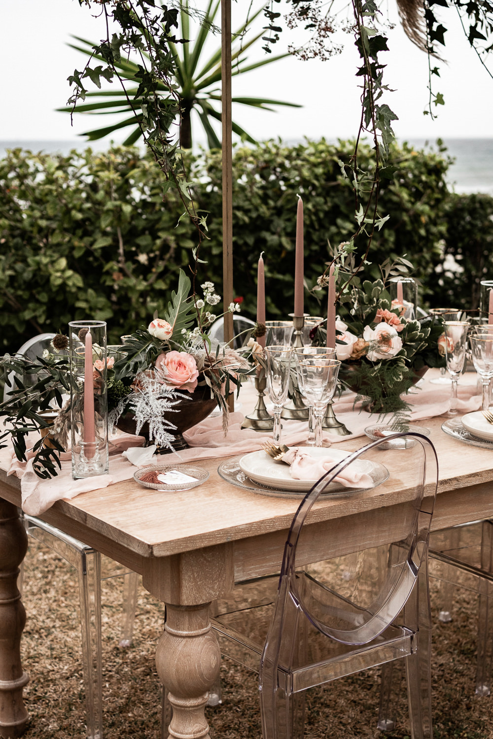 Table Tablescape Flowers Candles Decor Ghost Chairs Suspended Flowers Greenery Hanging Marbella Elopement Wedding Nora Photography