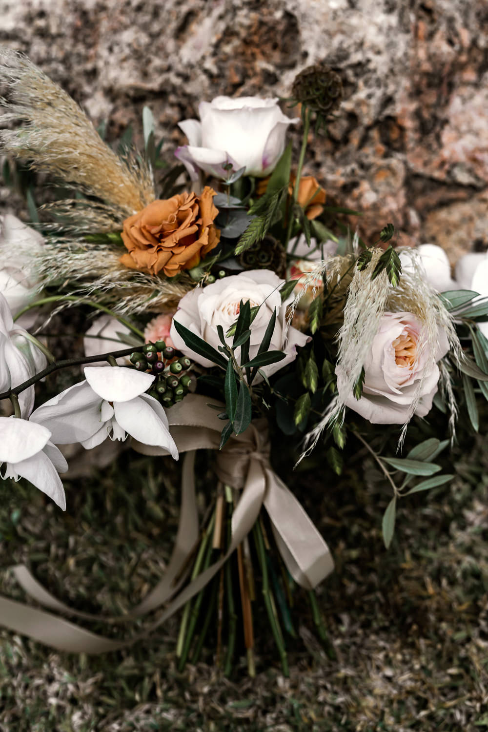 Bouquet Flowers Bride Bridal Orchid Orange Rose Pampas Grass Marbella Elopement Wedding Nora Photography