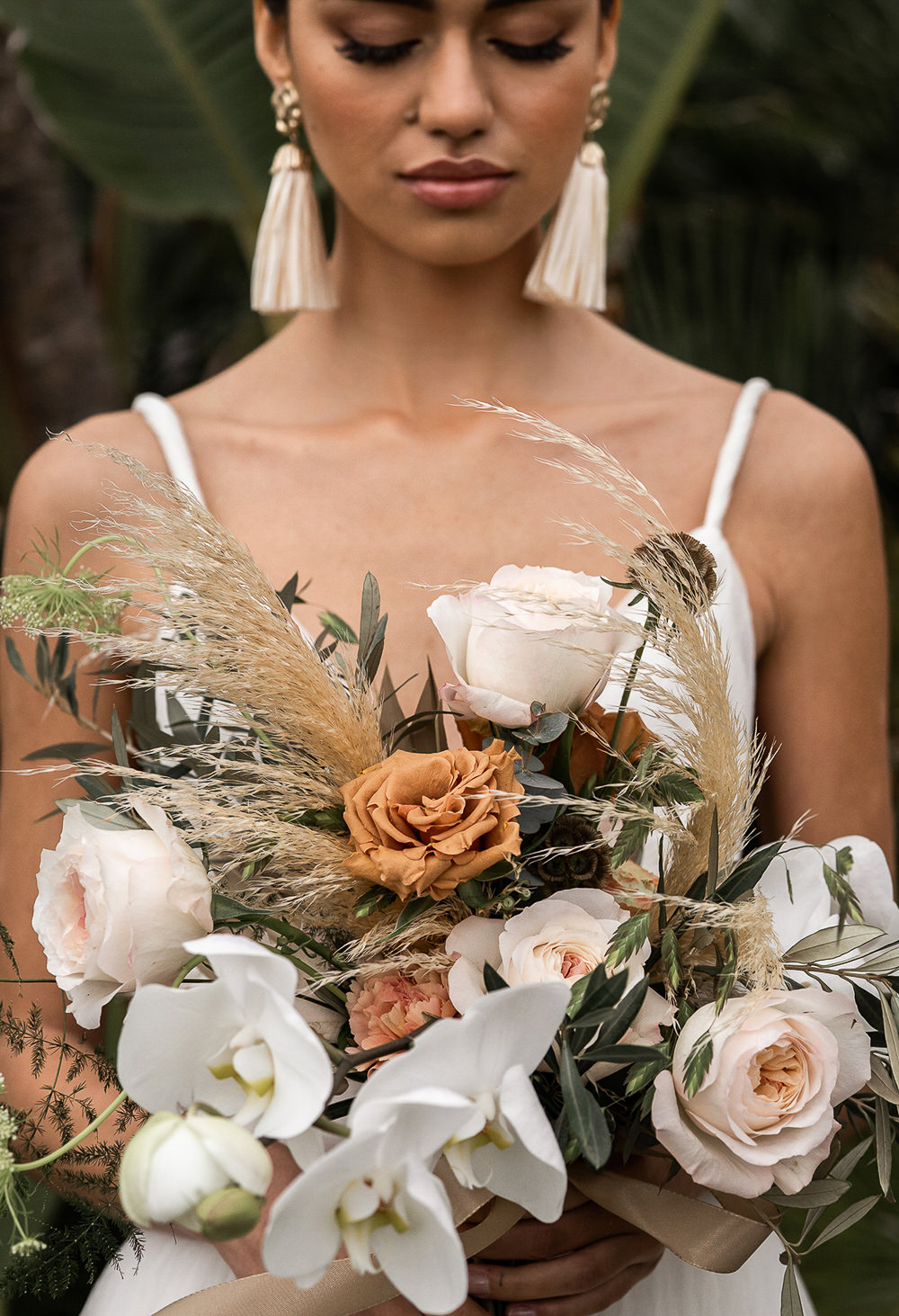 Bouquet Flowers Bride Bridal Orchid Orange Rose Pampas Grass Marbella Elopement Wedding Nora Photography
