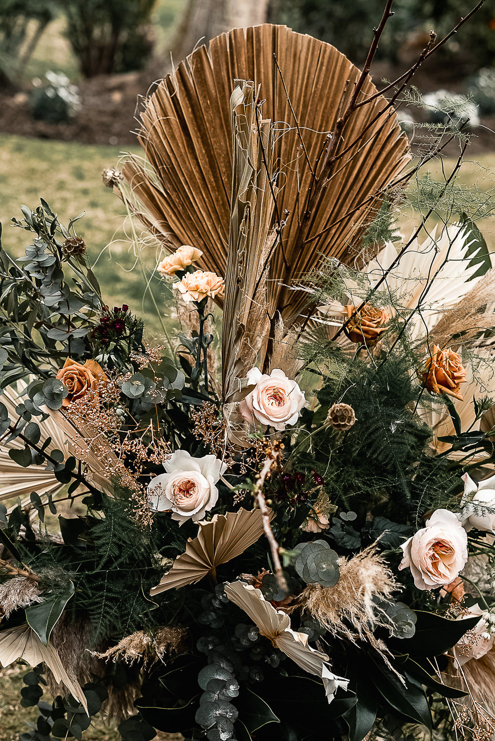 Flowers Dried Palm Leaves Greenery Foliage Orange Rose Pampas Grass Marbella Elopement Wedding Nora Photography