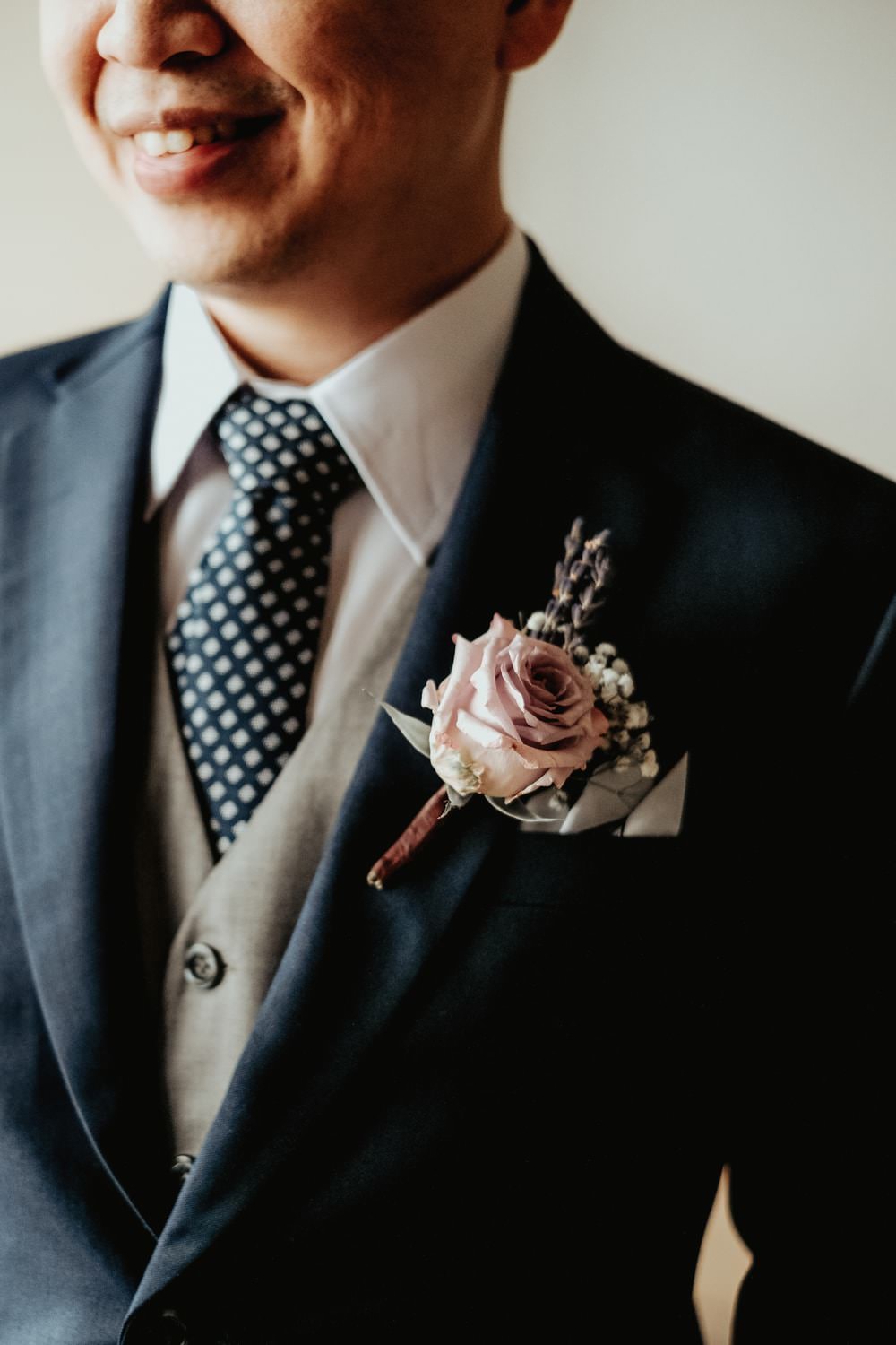 Groom Suit Blue Grey Waistcoat Polka Dot Tie Rose Buttonhole Philippines Wedding The Backyard Studios