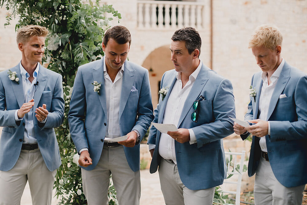 Groom Groomsmen Suits Blue Jacket Cream Trousers Tan Shoes Puglia Wedding MIKI Studios