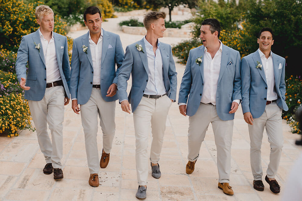 Groom Groomsmen Suits Blue Jacket Cream Trousers Tan Shoes Puglia Wedding MIKI Studios