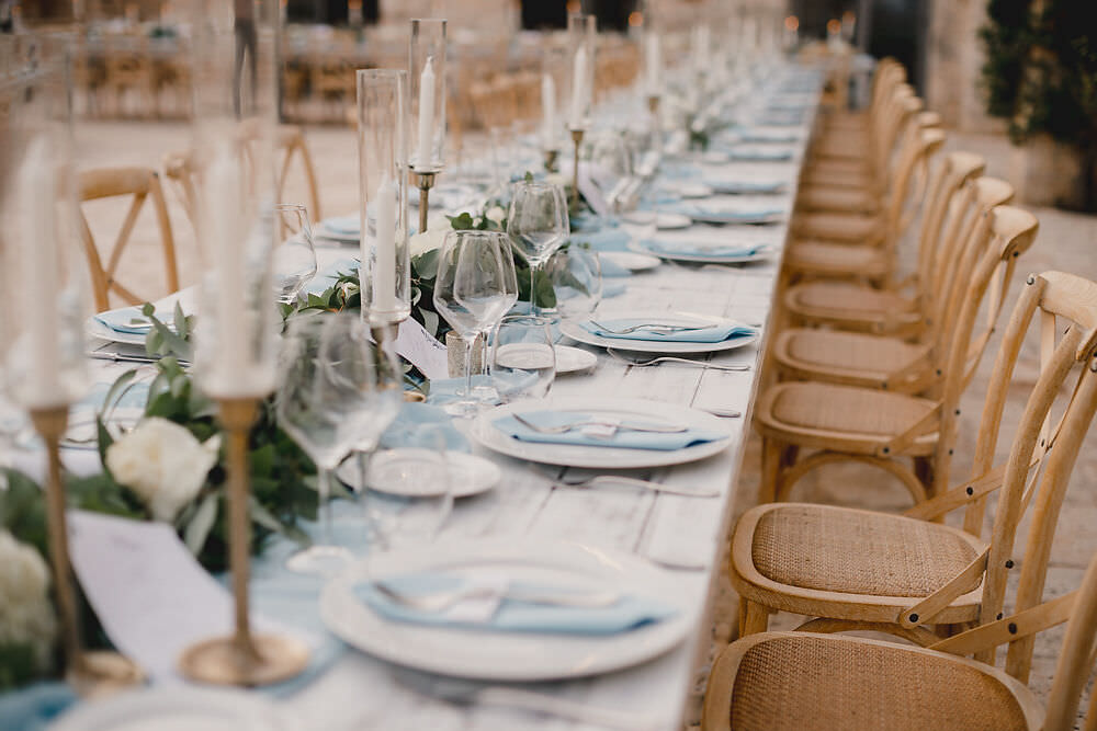 Outdoor Reception Festoon Lights U Table Greenery Foliage Candles Decor Puglia Wedding MIKI Studios