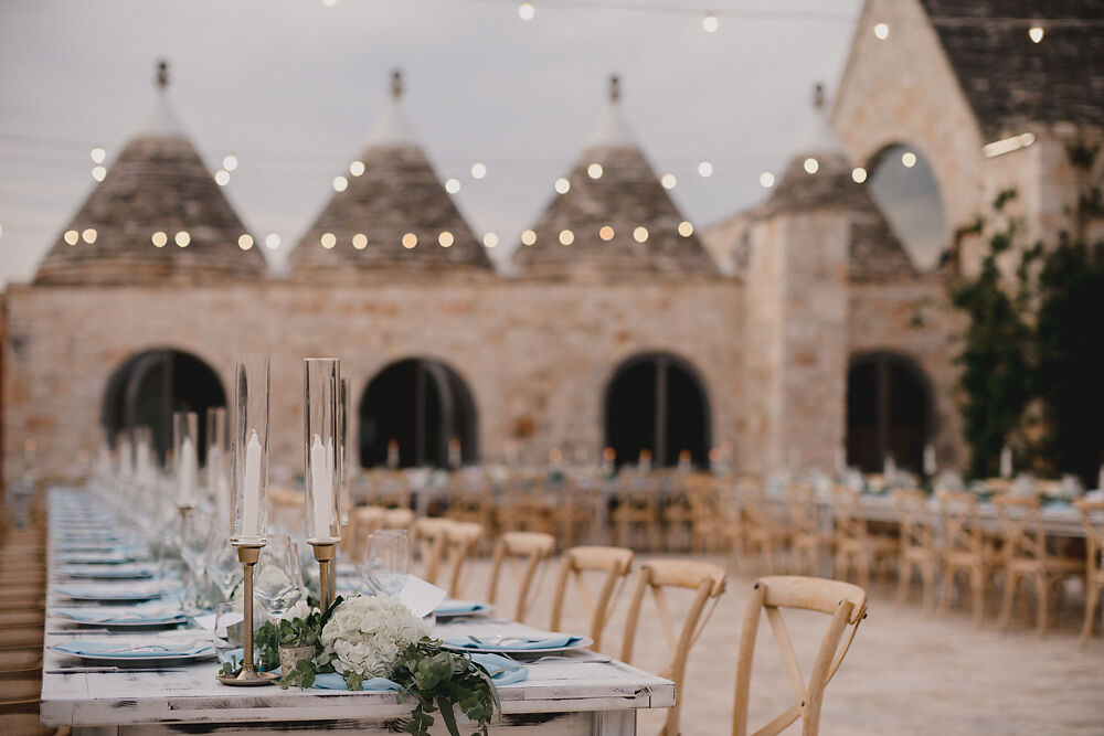 Outdoor Reception Festoon Lights U Table Greenery Foliage Candles Decor Puglia Wedding MIKI Studios