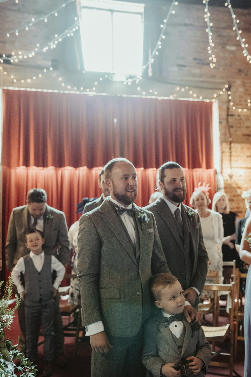 Groom Groomsmen Suits Grey Bow Tie Red Brick Barn Wedding Jess Soper Photography