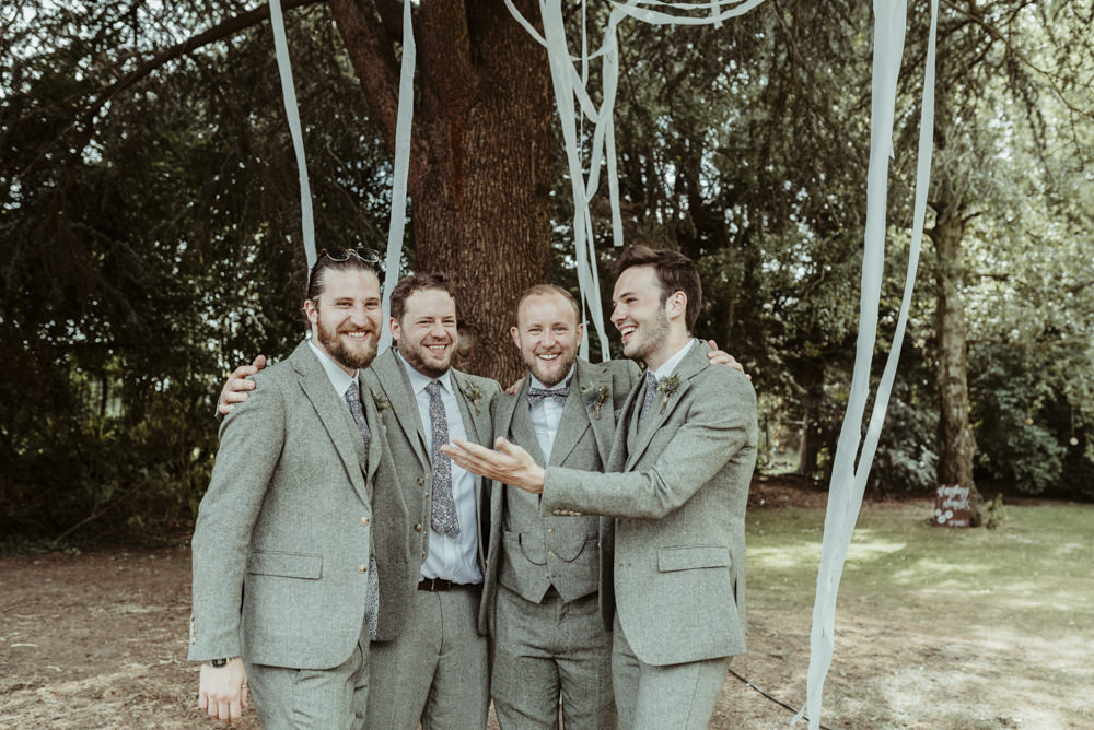 Groom Groomsmen Suits Grey Bow Tie Red Brick Barn Wedding Jess Soper Photography