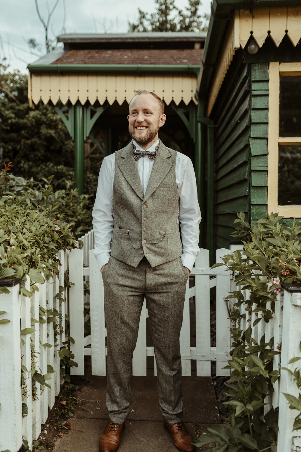 Groom Groomsmen Suits Grey Bow Tie Waistcoat Red Brick Barn Wedding Jess Soper Photography