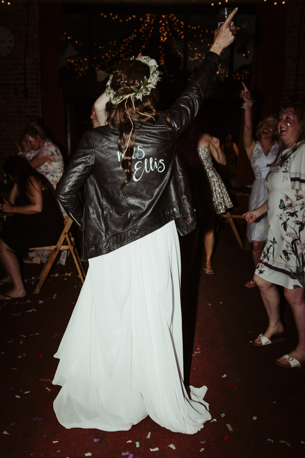 Bride Bridal Leather Jacket Painted Personalised Red Brick Barn Wedding Jess Soper Photography