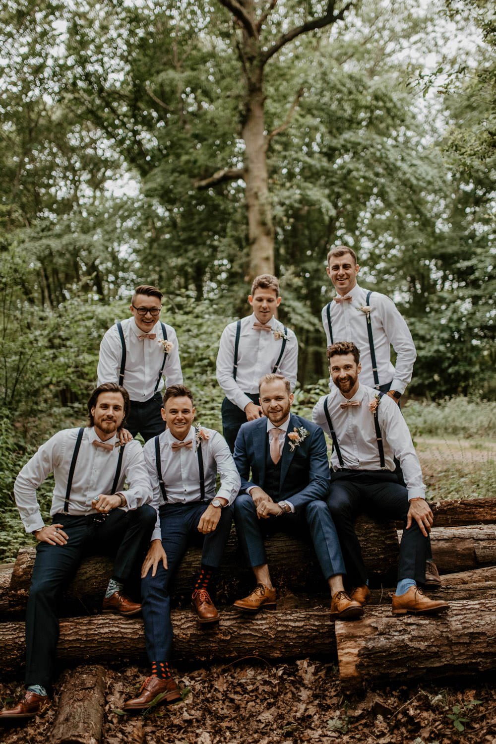 Groom Suit Navy Pink Tie Groomsmen Bow Tie Braces Whimsical Boho Wedding Camilla Andrea Photography