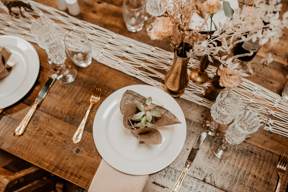 Table Decor Rustic Macrame Bottle Flowers Long Tables Whimsical Boho Wedding Camilla Andrea Photography
