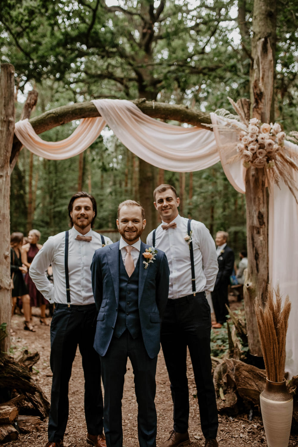 Groom Suit Navy Pink Tie Groomsmen Bow Tie Braces Whimsical Boho Wedding Camilla Andrea Photography