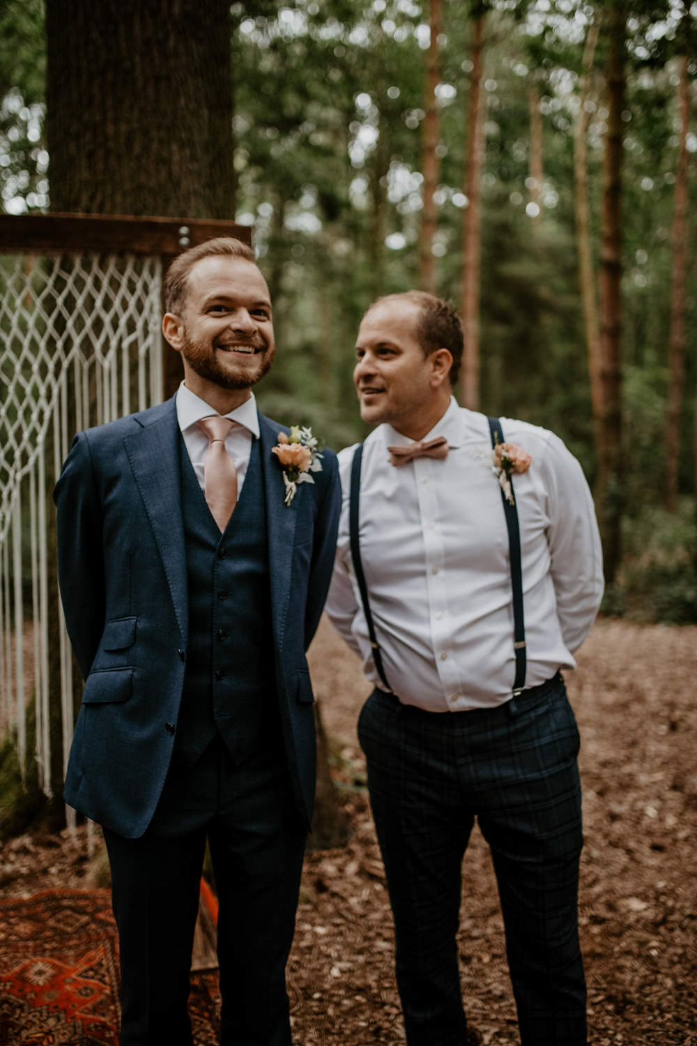 Groom Suit Navy Pink Tie Groomsmen Bow Tie Braces Whimsical Boho Wedding Camilla Andrea Photography