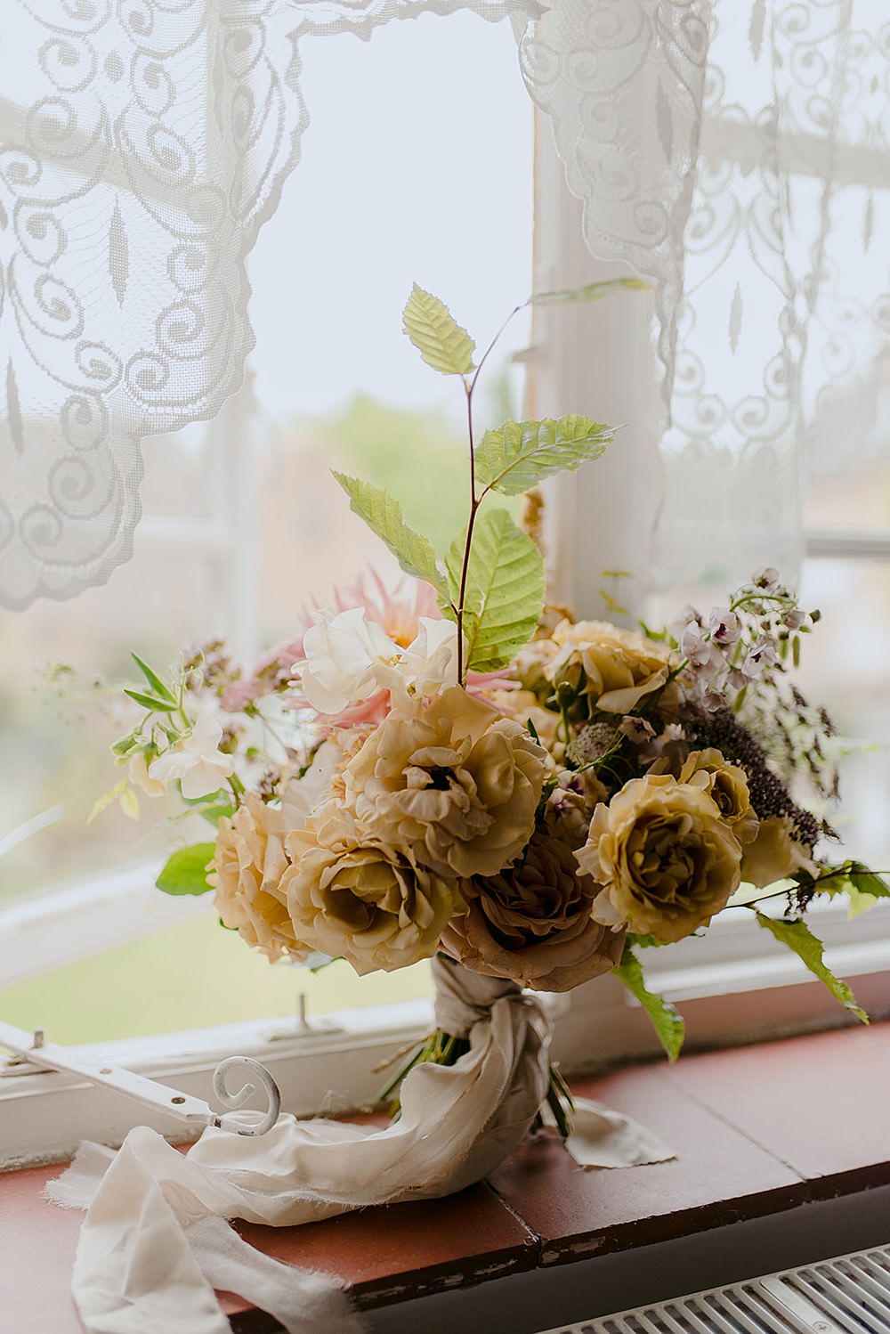 Bouquet Flowers Bride Bridal David Austin Rose Peach Yarrow Amaranthus Sweet Peas Wild Carrot Astrantia Dahlia Creek Brulee Phlox Belbroughton Church Hall Wedding Faye Green Photo