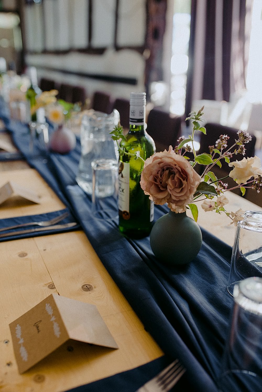 Rustic Wooden Table Runner Blue Cloth Flowers Roses Belbroughton Church Hall Wedding Faye Green Photo