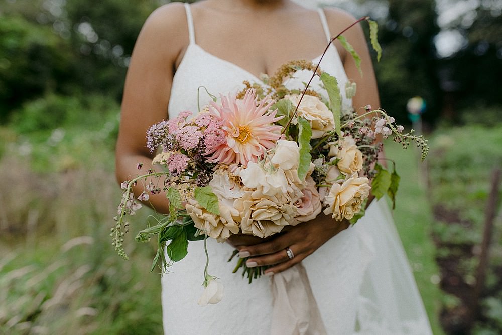 Bouquet Flowers Bride Bridal David Austin Rose Peach Yarrow Amaranthus Sweet Peas Wild Carrot Astrantia Dahlia Creek Brulee Phlox Belbroughton Church Hall Wedding Faye Green Photo