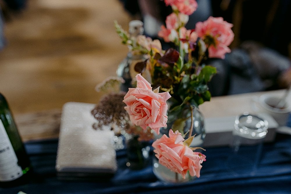 Rustic Wooden Table Runner Blue Cloth Flowers Roses Belbroughton Church Hall Wedding Faye Green Photo