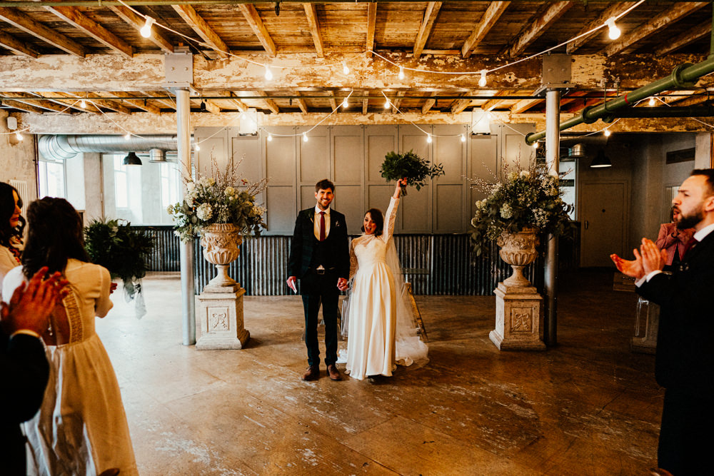Holmes Mill Ceremony Festoon Lights Flowers Aisle Brewery Wedding Ginger Beard Weddings