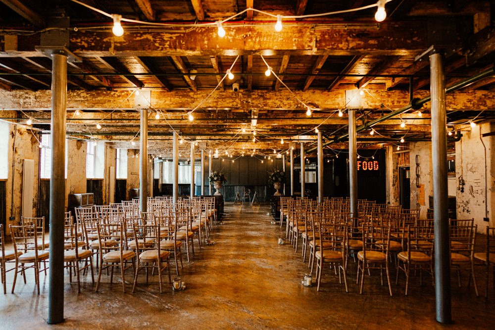 Holmes Mill Ceremony Festoon Lights Flowers Aisle Brewery Wedding Ginger Beard Weddings