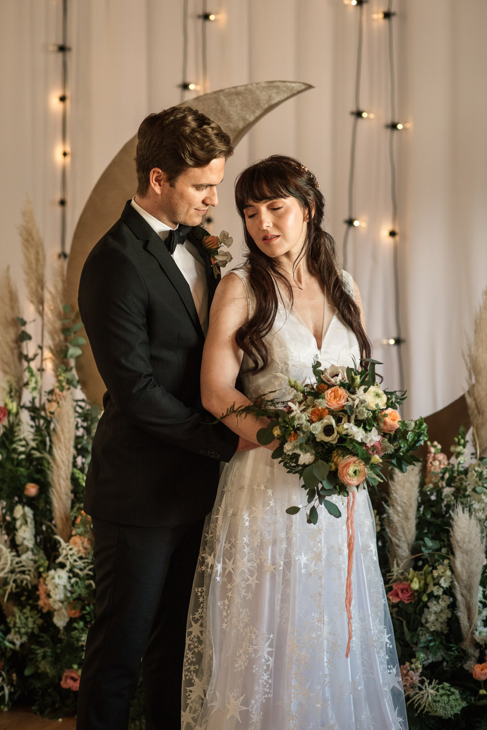 Celestial Wedding Inspiration Becky Harley Photography Moon Backdrop Crescent Fairy Lights Meadow Flowers