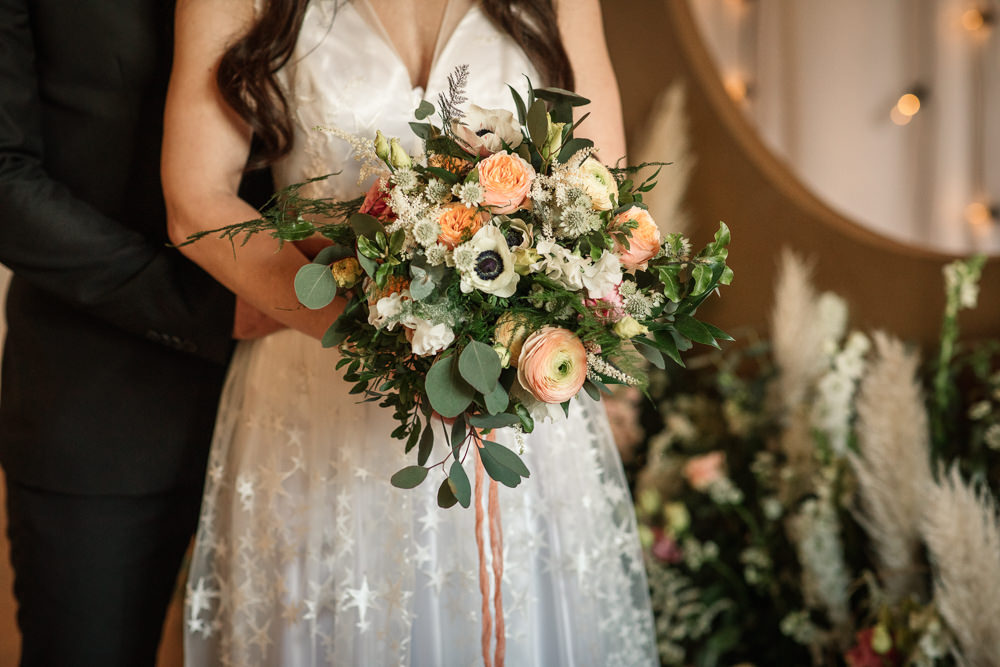 Bouquet Flowers Bride Bridal Pink White Rose Ranunculus Astrantia Celestial Wedding Inspiration Becky Harley Photography