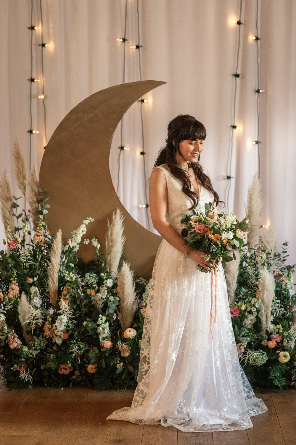 Dress Gown Bride Bridal Stars Maudika Bridal Celestial Wedding Inspiration Becky Harley Photography