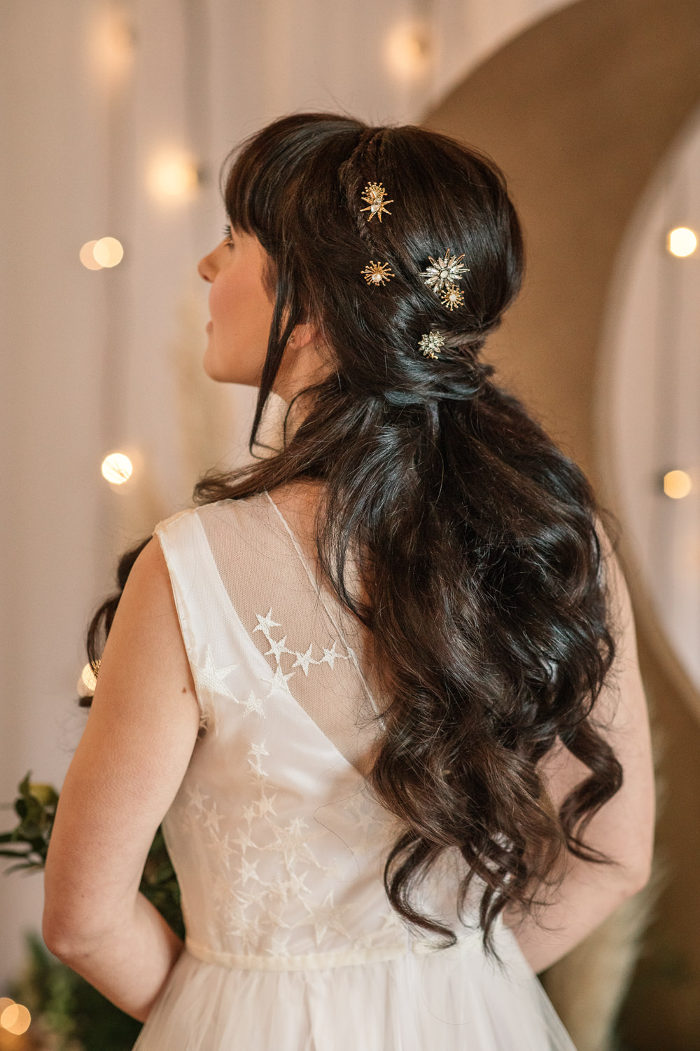 Bride Bridal Hair Style Up Do Waves Pins Accessories Celestial Wedding Inspiration Becky Harley Photography