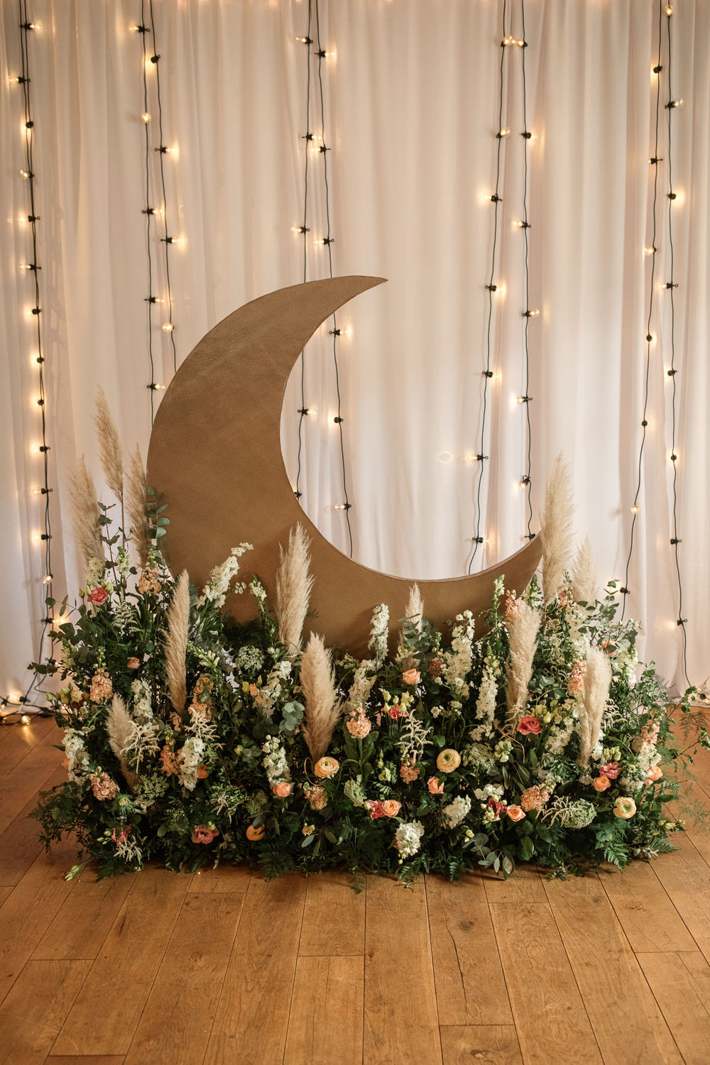 Moon Backdrop Crescent Fairy Lights Meadow Flowers Celestial Wedding Inspiration Becky Harley Photography