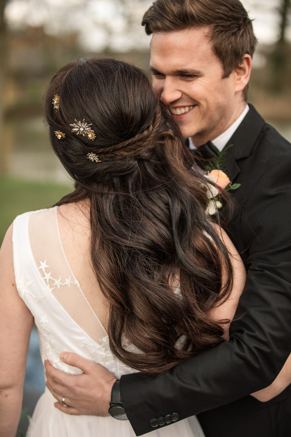 Bride Bridal Hair Style Up Do Waves Pins Accessories Celestial Wedding Inspiration Becky Harley Photography