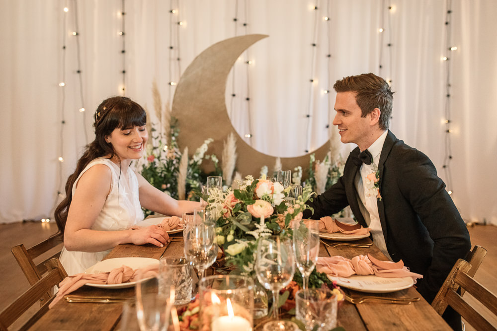 Table Tablescape Long Table Flowers Candles Food Grazing Sharing Platter Celestial Wedding Inspiration Becky Harley Photography