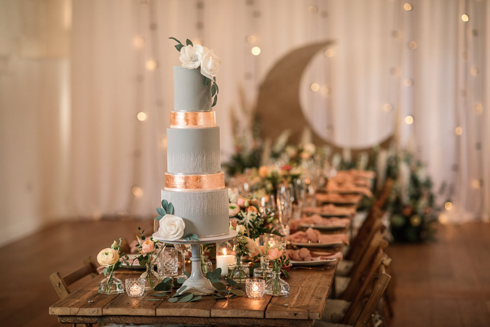 Blue Gold Cake Flowers Floral Candles Celestial Wedding Inspiration Becky Harley Photography