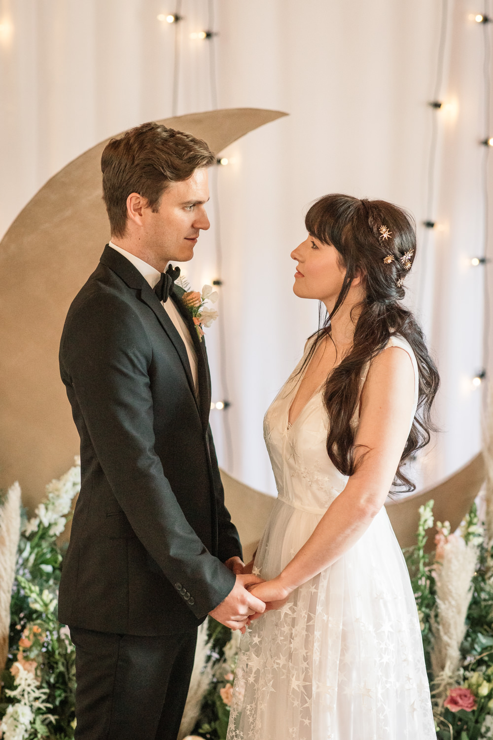 Celestial Wedding Inspiration Becky Harley Photography Moon Backdrop Crescent Fairy Lights Meadow Flowers