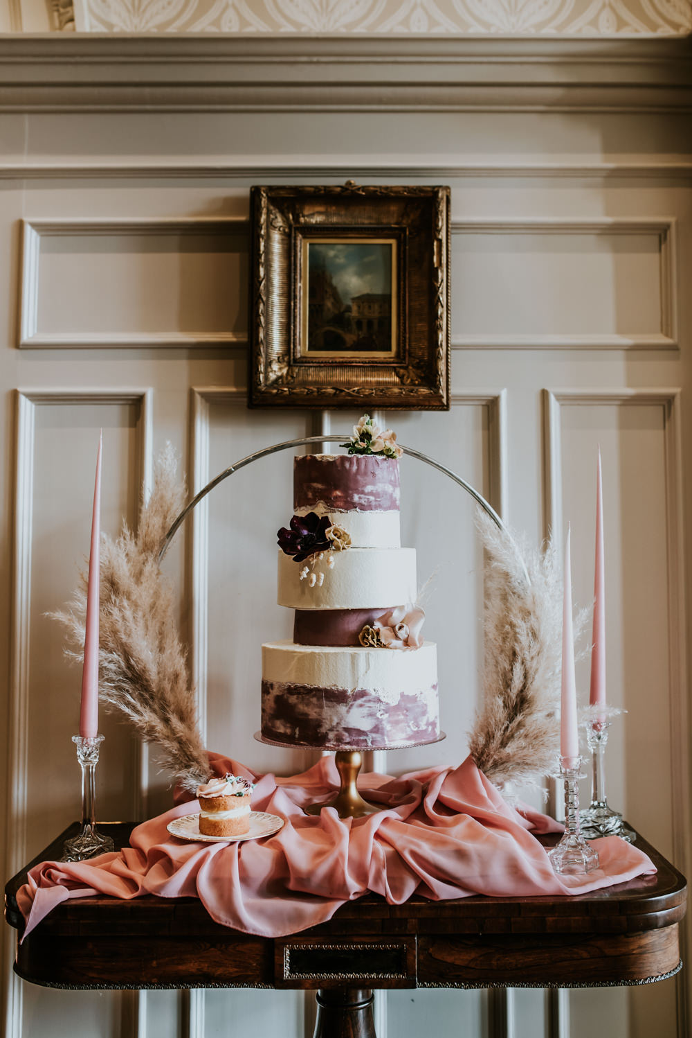 Cake Painted Hoop Table Decor Backdrop Pampas Grass Chippenham Park Wedding Daniel Ackerley Photography