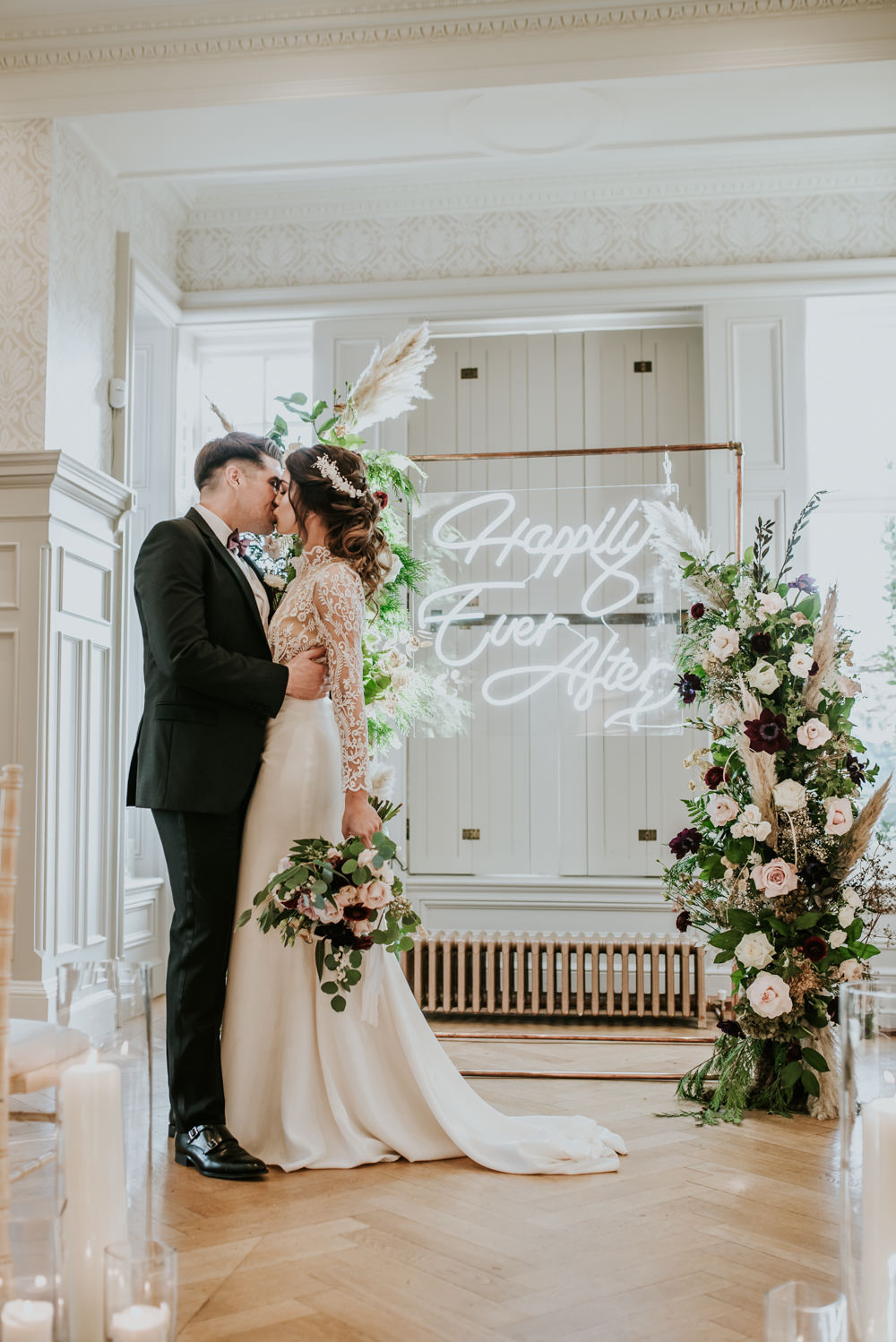 Chippenham Park Wedding Daniel Ackerley Photography Flower Arch Backdrop Ceremony Neon Sign Light