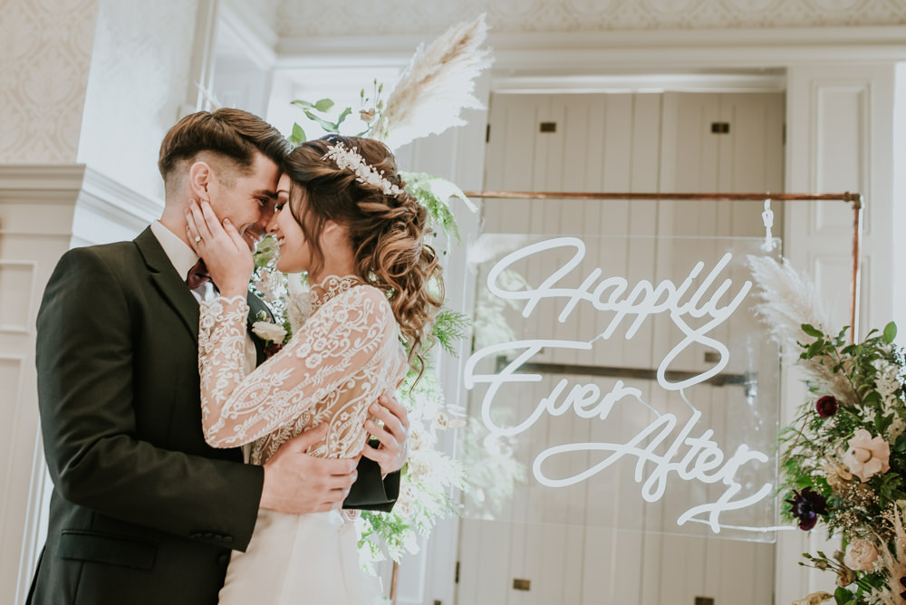 Flower Arch Backdrop Ceremony Neon Sign Light Chippenham Park Wedding Daniel Ackerley Photography