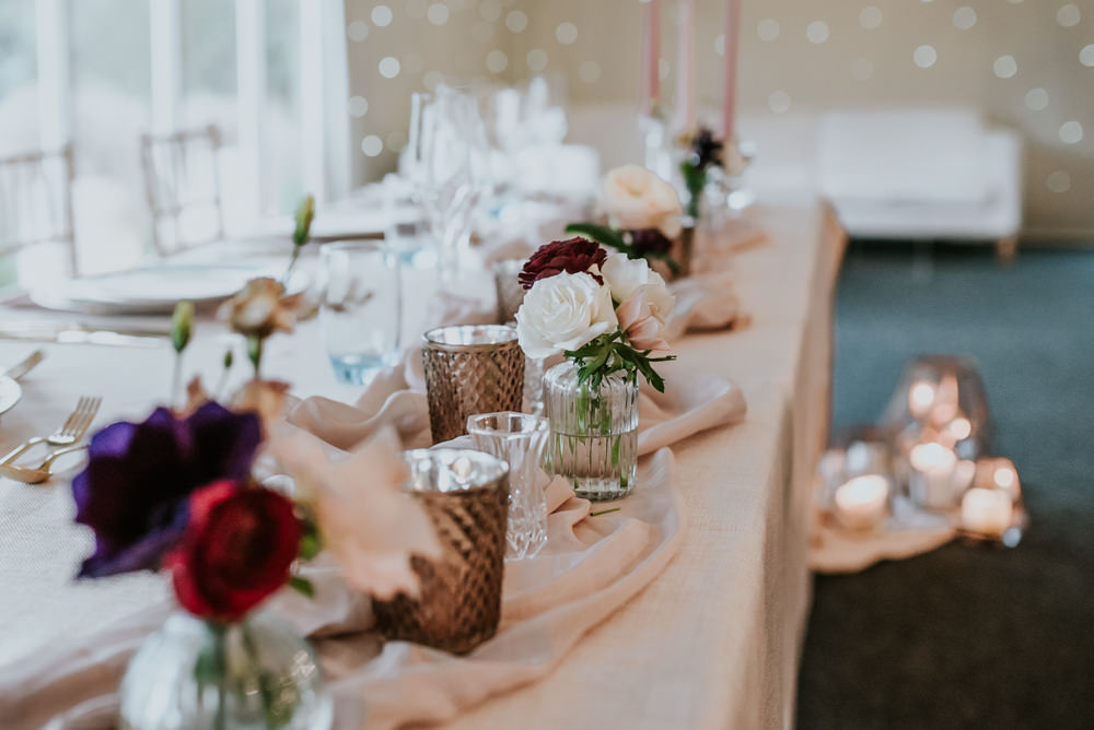 Table Flowers Pink Red Decor Chippenham Park Wedding Daniel Ackerley Photography