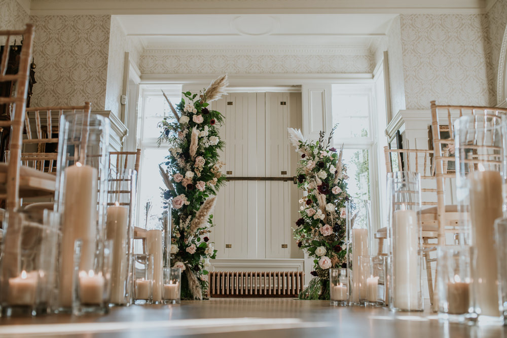 Pillar Candles Aisle Decor Ceremony Flower Arch Instalation Backdrop Chippenham Park Wedding Daniel Ackerley Photography