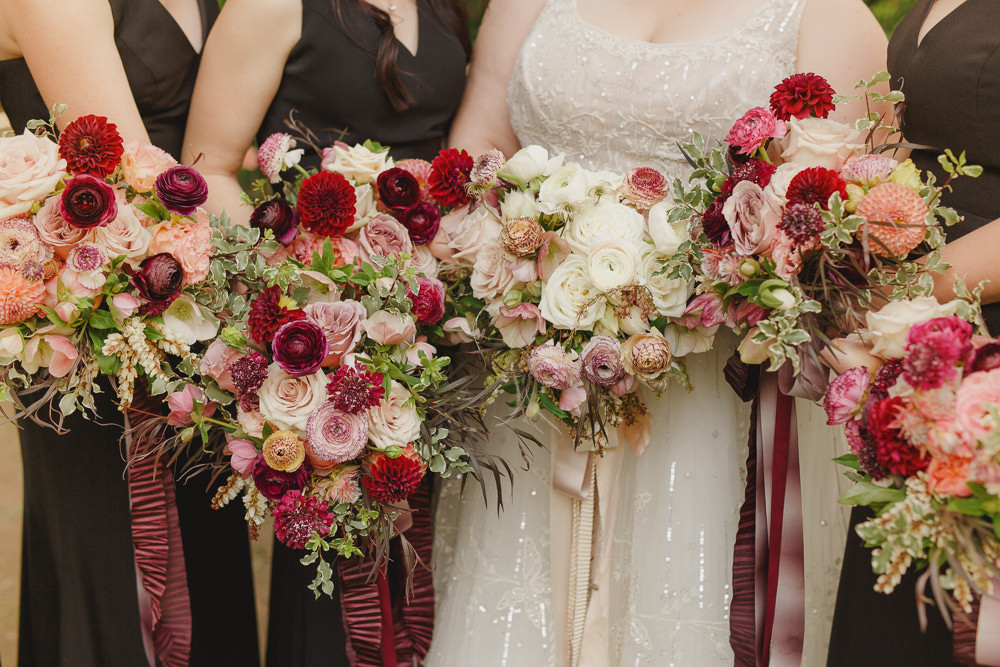 Bouquet Flowers Bride Bridal Bridesmaid Red Burgundy Dahlia Rose Ribbons Enchanted Forest Wedding Kristen Booth Photography