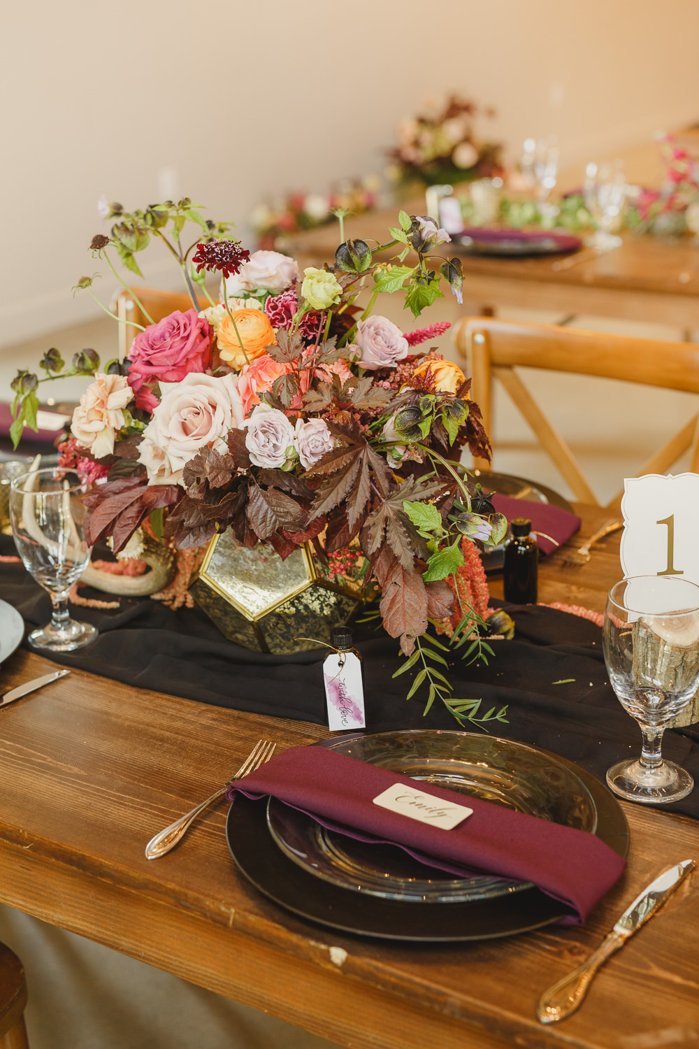 Table Decor Tablescape Flowers Black Plates Red Napkins Candles Enchanted Forest Wedding Kristen Booth Photography
