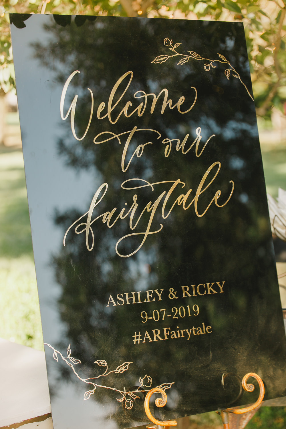 Welcome Sign Signs Signage Black Gold Calligraphy Enchanted Forest Wedding Kristen Booth Photography