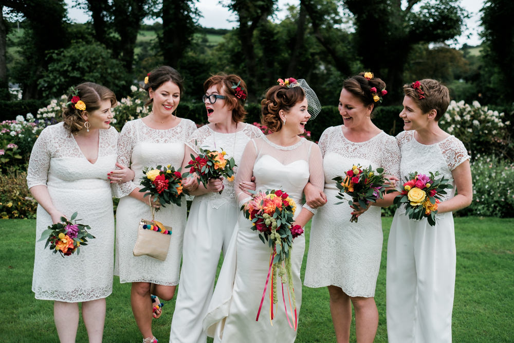 Bridesmaids Bridesmaid Dress Dresses White Mismatched Colourful Bouquets Glenarm Castle Wedding Jonathan Ryder Photography
