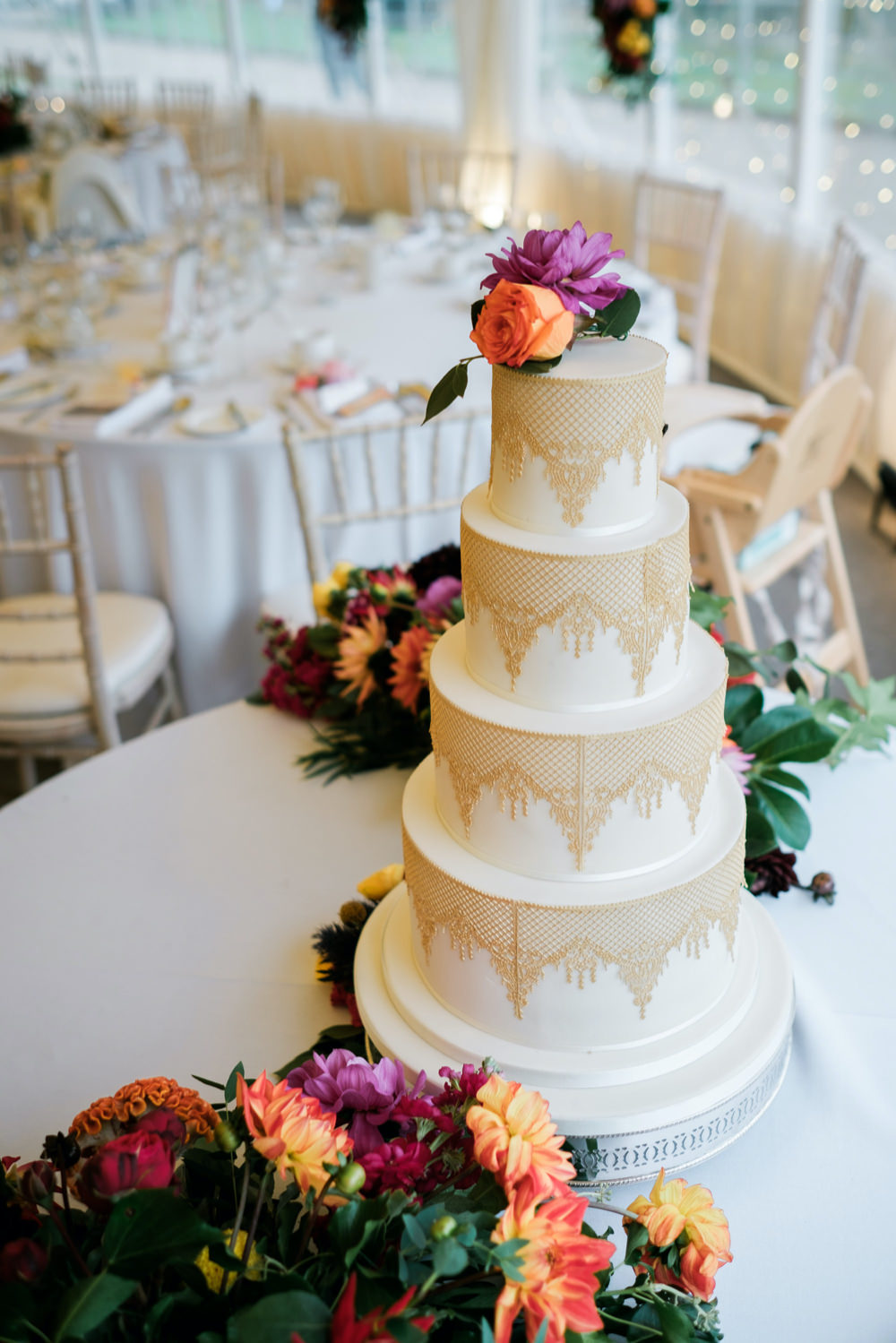 Gold Cake Tall Flowers Glenarm Castle Wedding Jonathan Ryder Photography