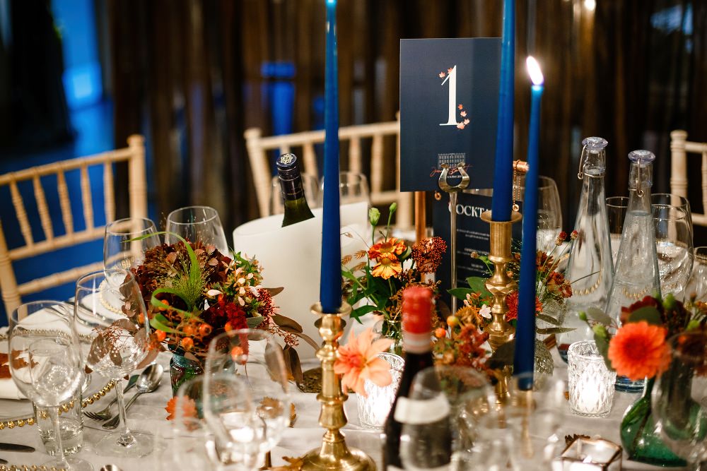 Table Centrepiece Orange Blue Candles Flowers Great John Street Hotel Wedding About Today Photography