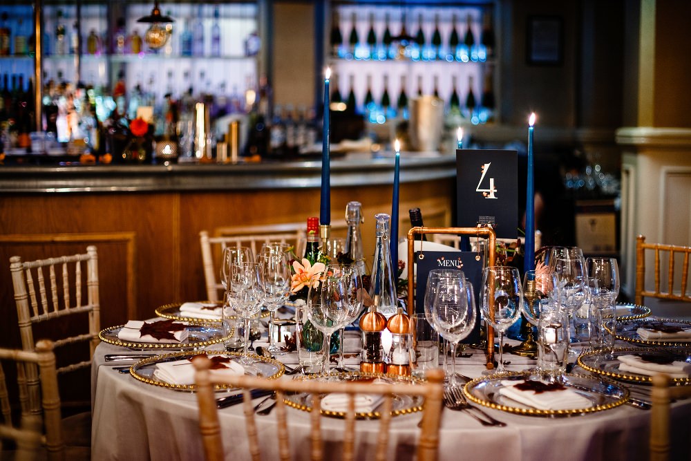 Table Centrepiece Orange Blue Candles Flowers Great John Street Hotel Wedding About Today Photography