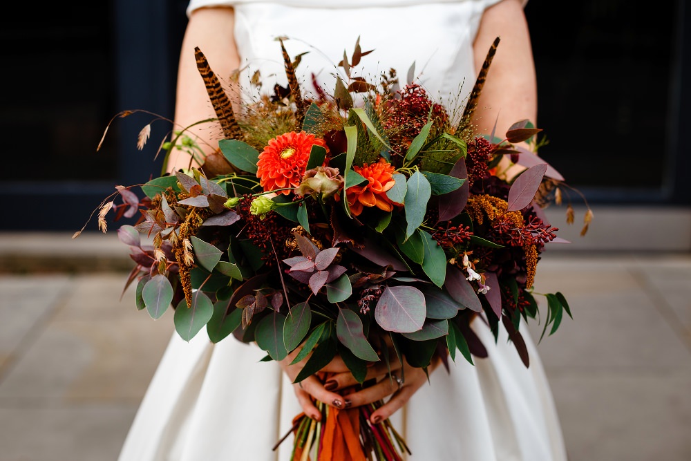 Bouquet Flowers Bride Bridal Orange Dahlia Feather Greenery Ribbon Great John Street Hotel Wedding About Today Photography