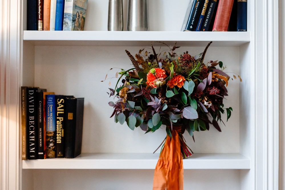 Bouquet Flowers Bride Bridal Orange Dahlia Feather Greenery Ribbon Great John Street Hotel Wedding About Today Photography
